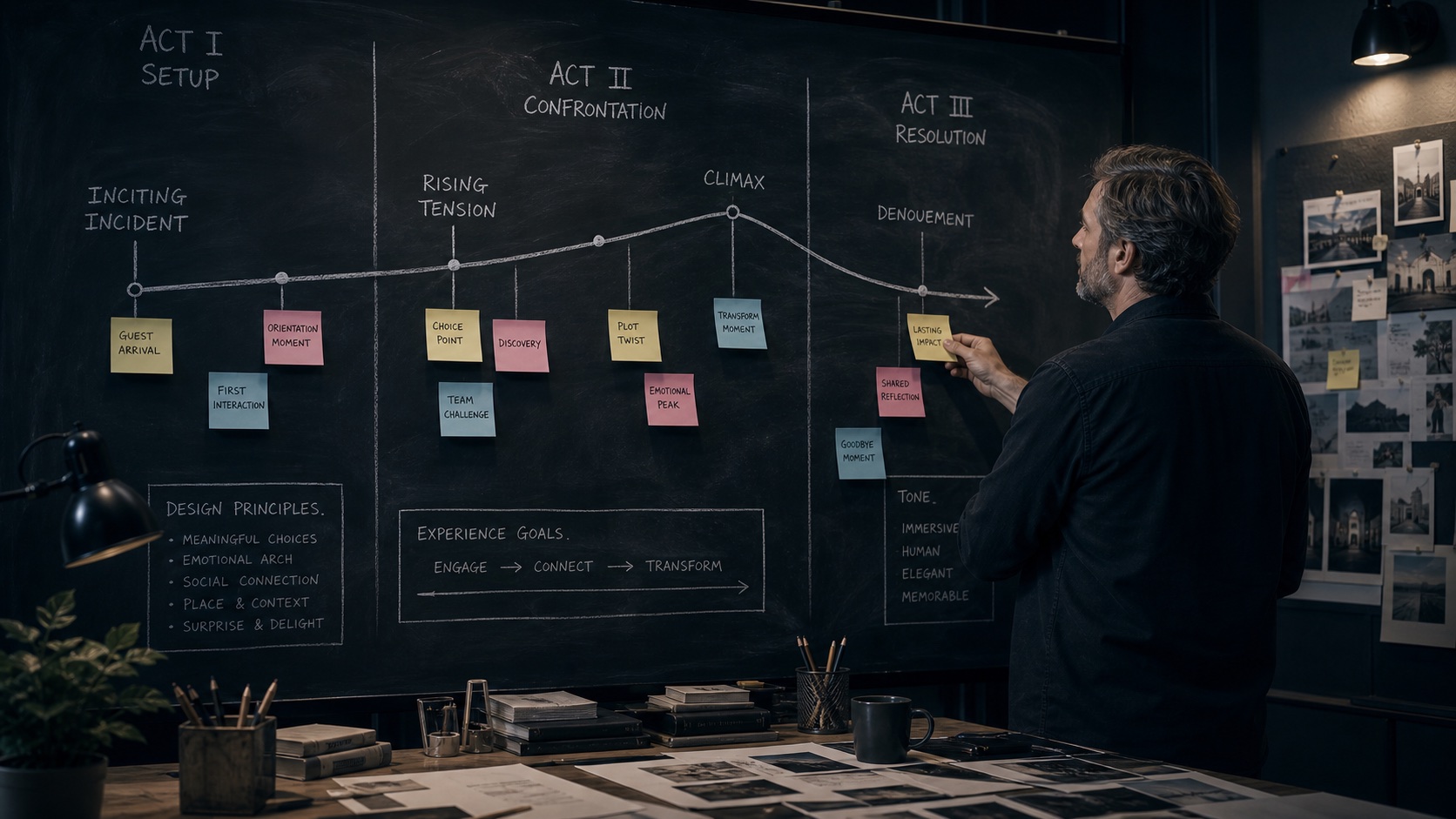 A designer adds a post-it note to a blackboard story flow chart in three acts.