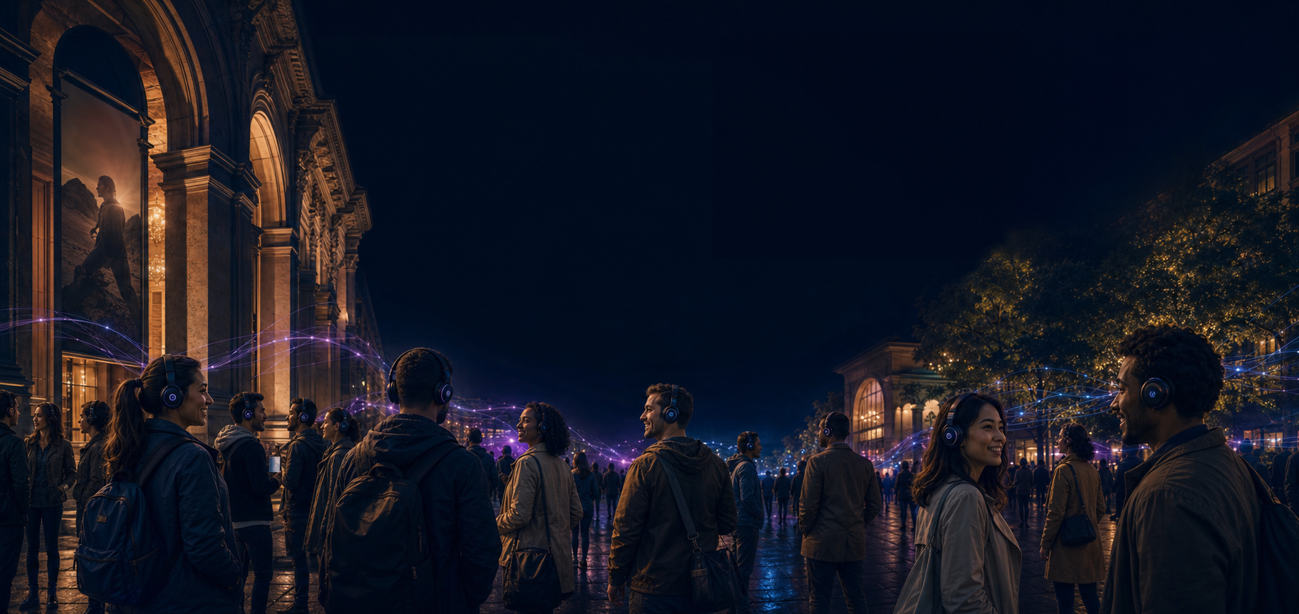 Guests wearing headphones gather in a real-world experience environment.