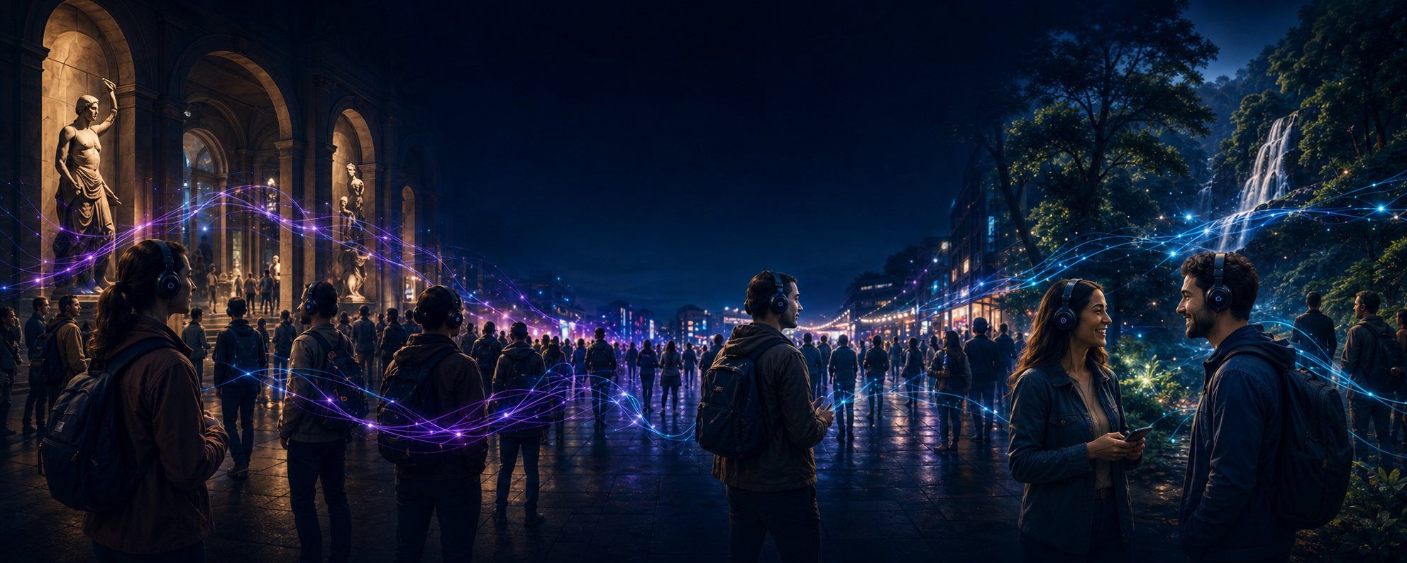 Groups of guests wearing headphones explore cultural, event, and outdoor spaces together while subtle audio trails connect them.