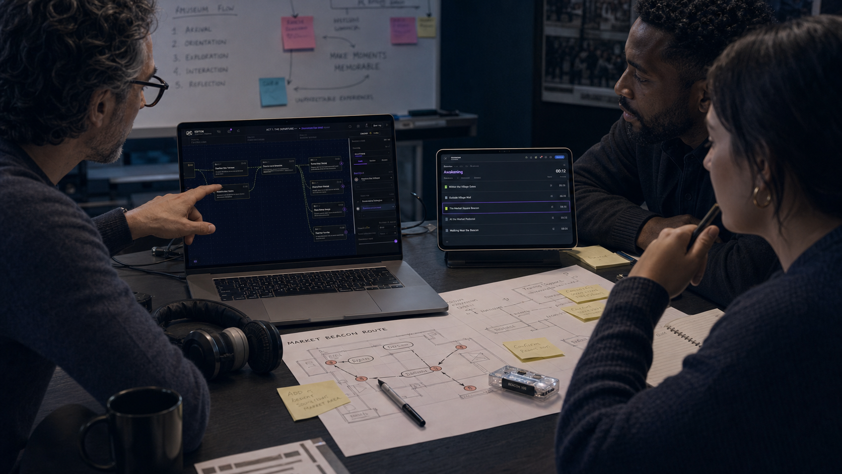 A partner training session where collaborators review the Weave Editor on a laptop and tablet alongside route maps, headphones, sticky notes, and beacon hardware.