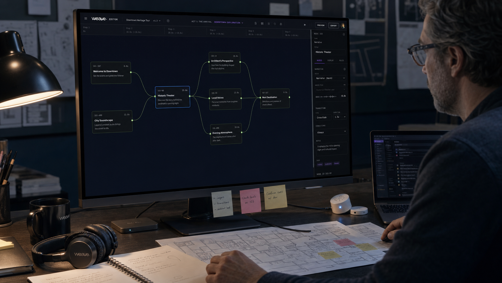 The Weave Editor displayed on a large monitor at an interaction designer's desk with headphones, maps, notes, and sensor hardware.
