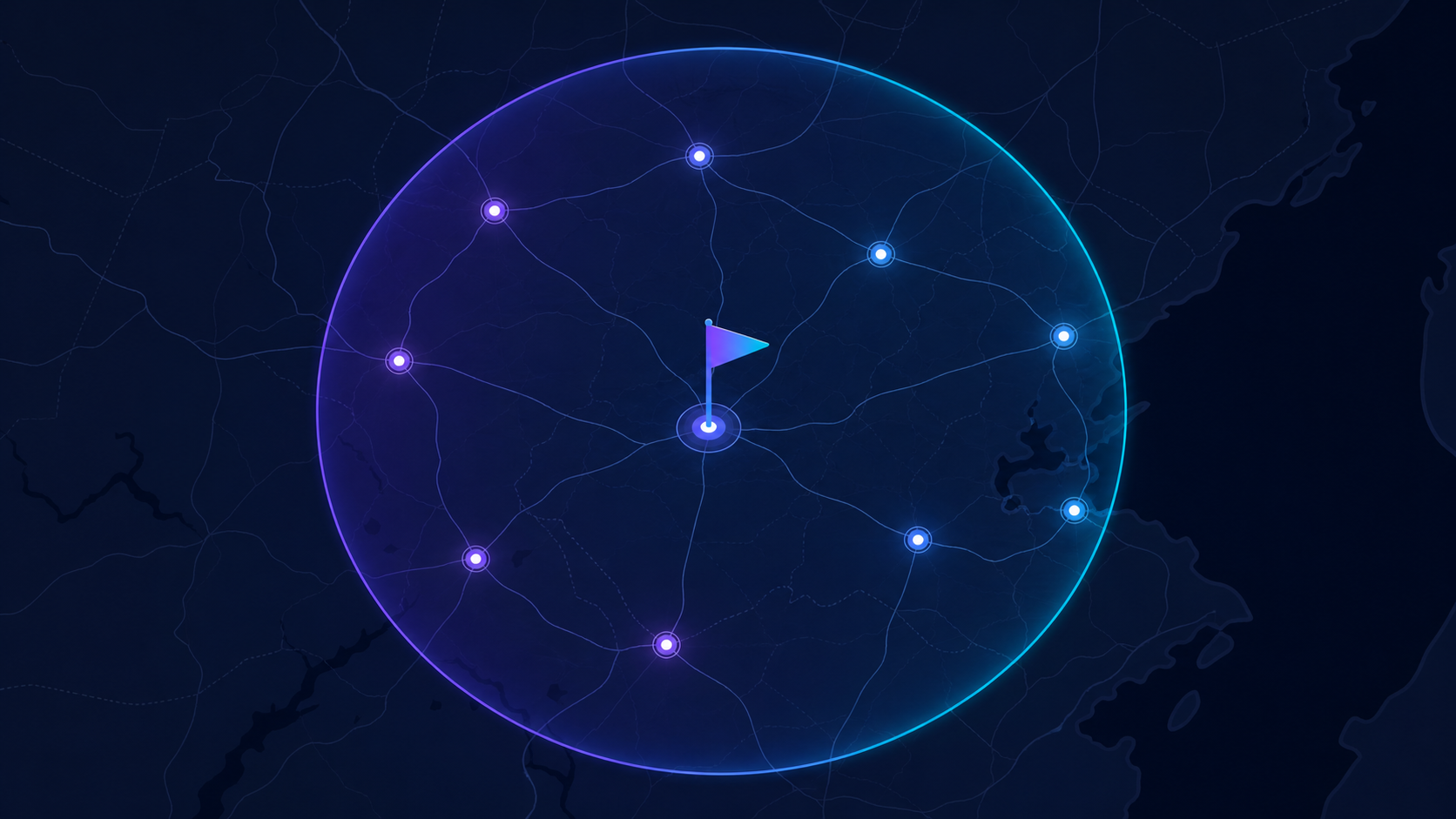 A dark regional map graphic with multiple connected city nodes and a translucent coverage radius representing partner territory exclusivity.