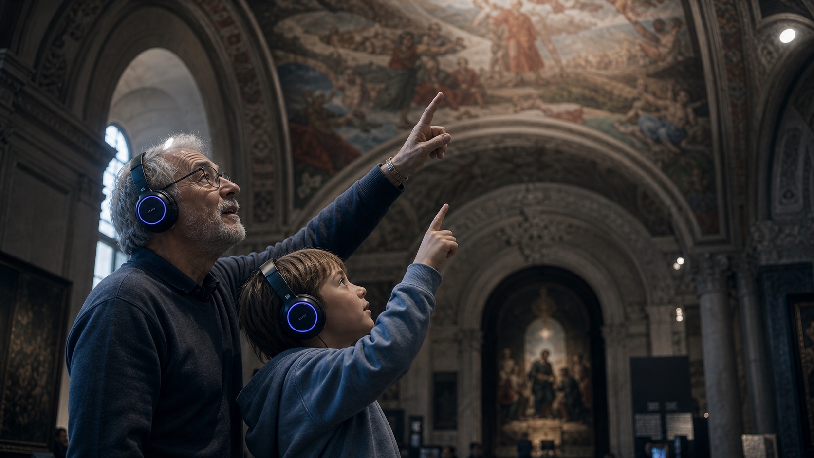 An elderly man and a child wearing matching headphones point up at a fresco ceiling in a cultural heritage museum.