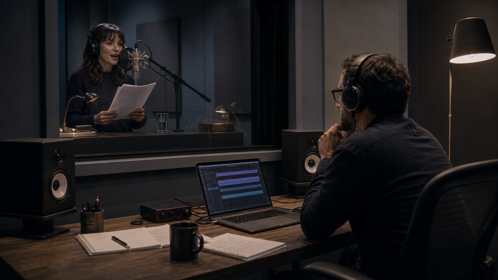 A voice actor records in a studio while an audio producer monitors the session from the mixing console.