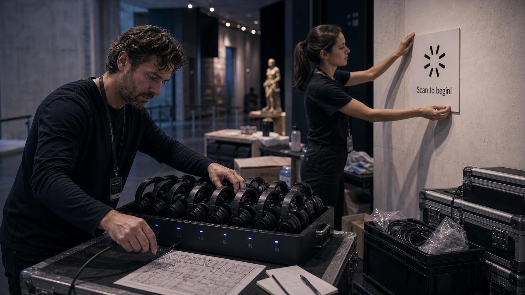 Venue staff charge a tray of headphones while another staff member straightens a Scan to begin sign.