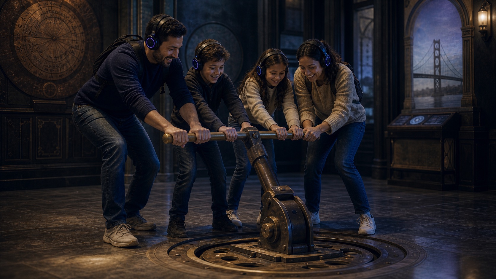 A family wearing matching headphones works together to pull a large lever in an immersive venue.