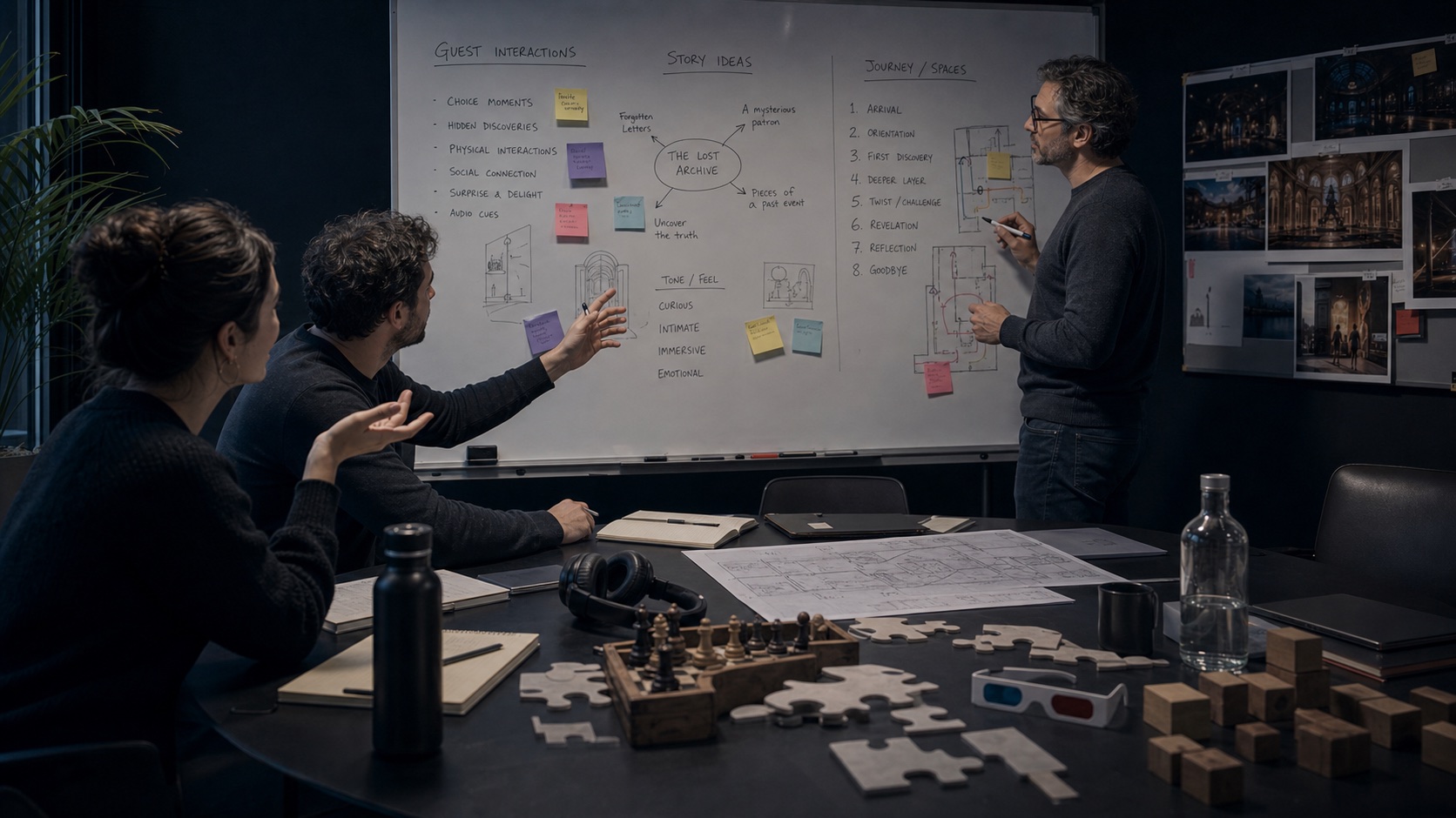 Team members brainstorm guest interactions and story ideas with a designer at a whiteboard.