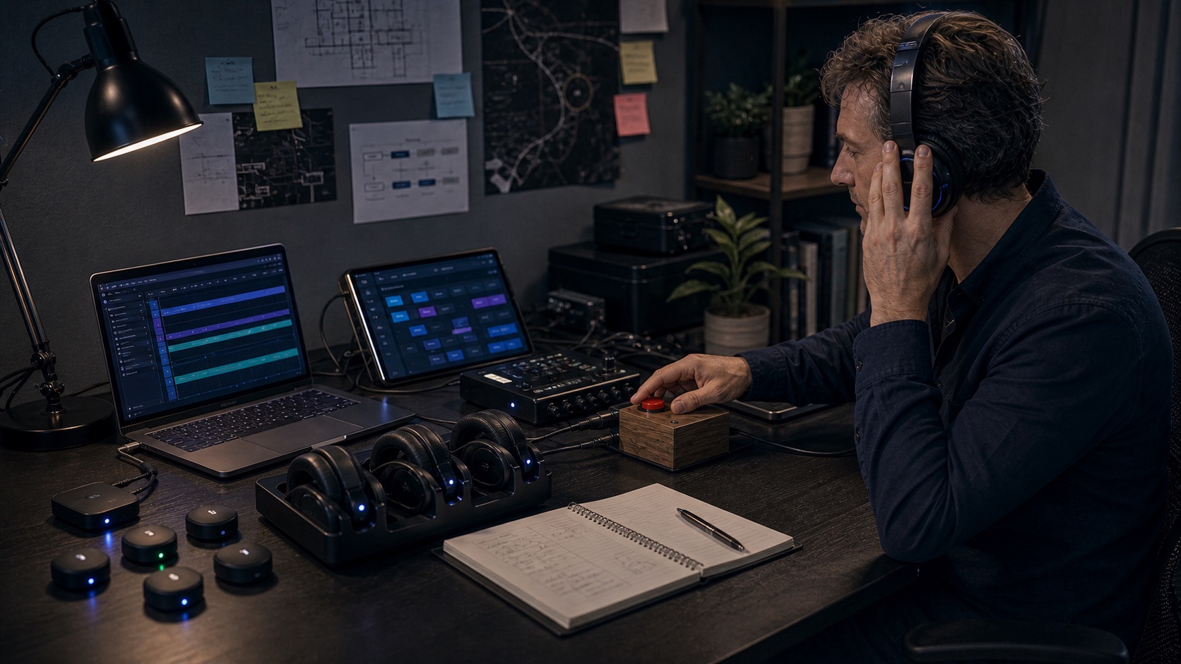 A technician tests headphones beside cue dashboards, beacon hardware, show control gear, and a red button box.