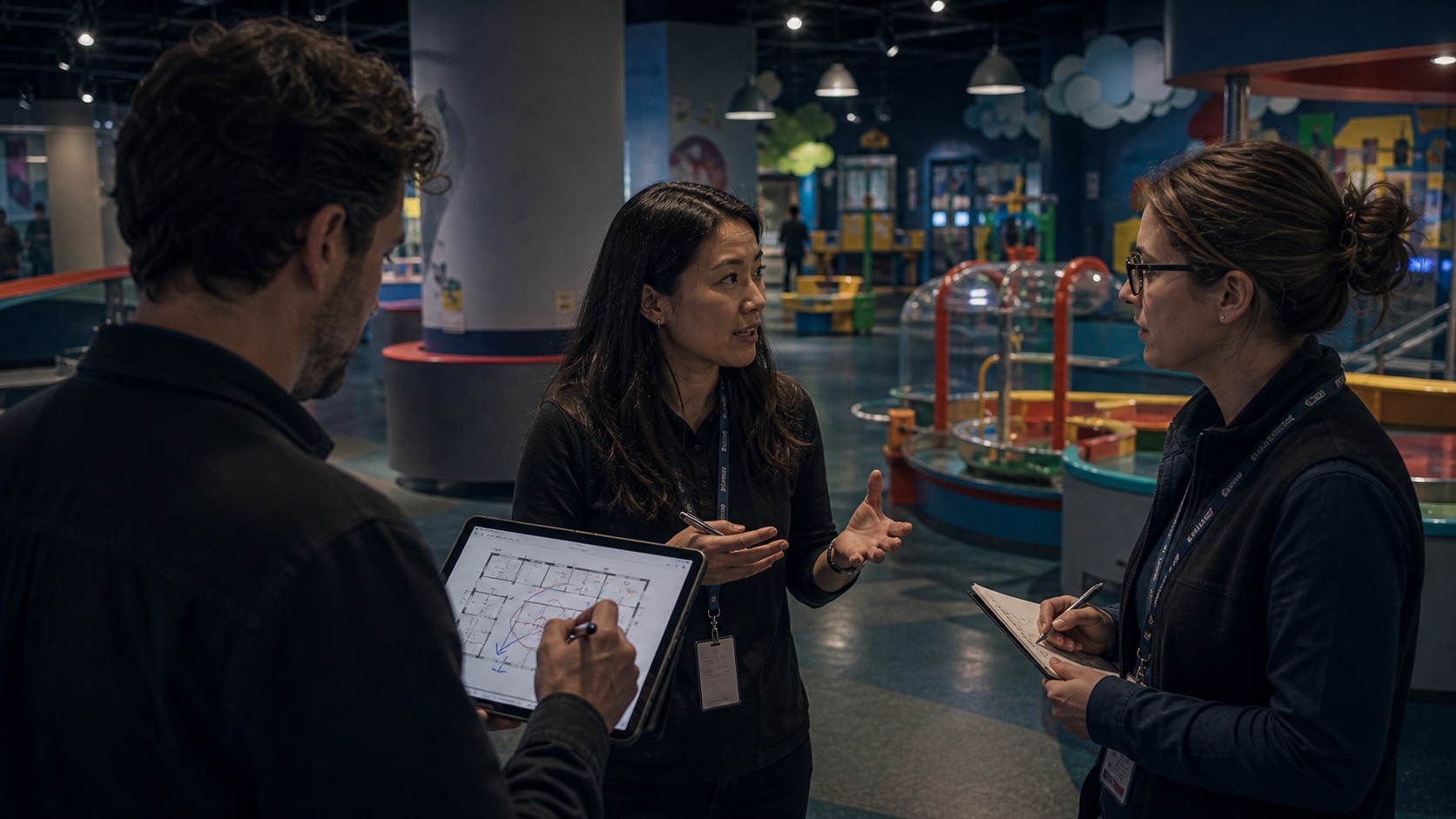 A strategist interviews a children's museum staff member while another person marks visitor flow on a tablet floor plan.